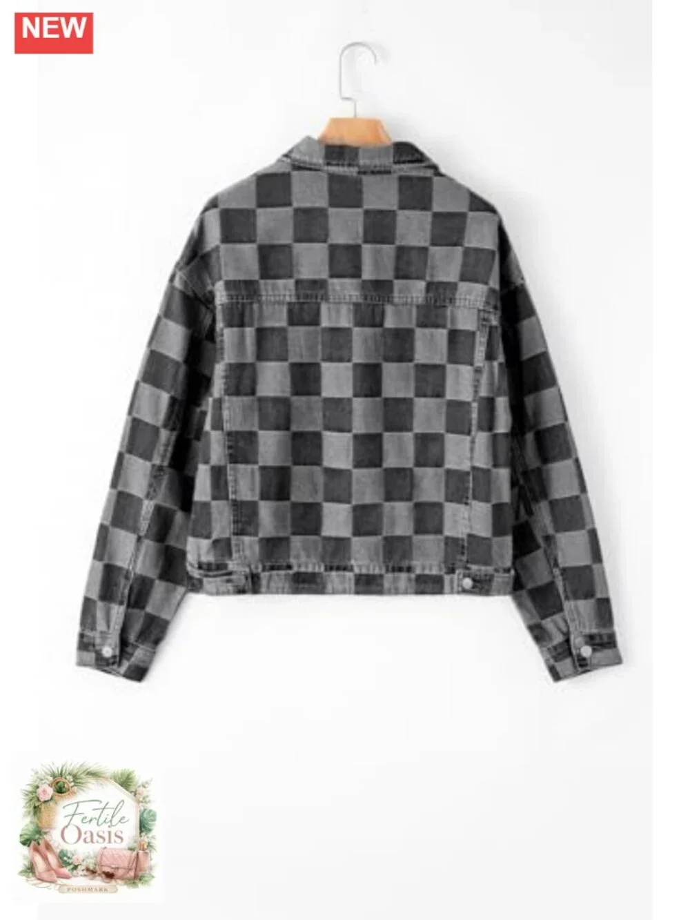 Womens Long Sleeve Button Down Denim Jacket Shacket Checkered Patchwork Cotton
